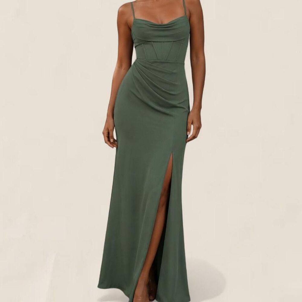 Azazie x Kendall + Kylie sage green corset draped slit maxi dress size 8